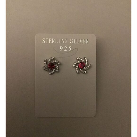 1.5 Ct. Ruby & White Topaz Gemstone Pinwheel Stud Earrings~.925 Sterling Silver - Picture 2 of 2